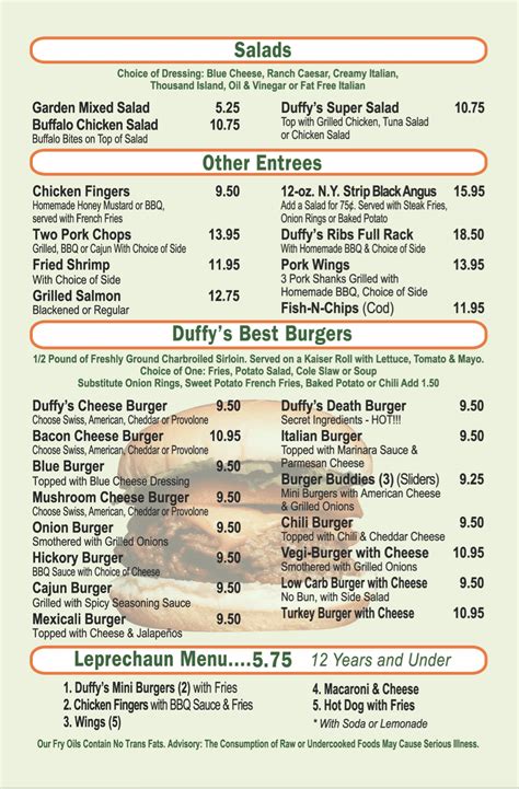 Duffys Lunch Menu With Prices